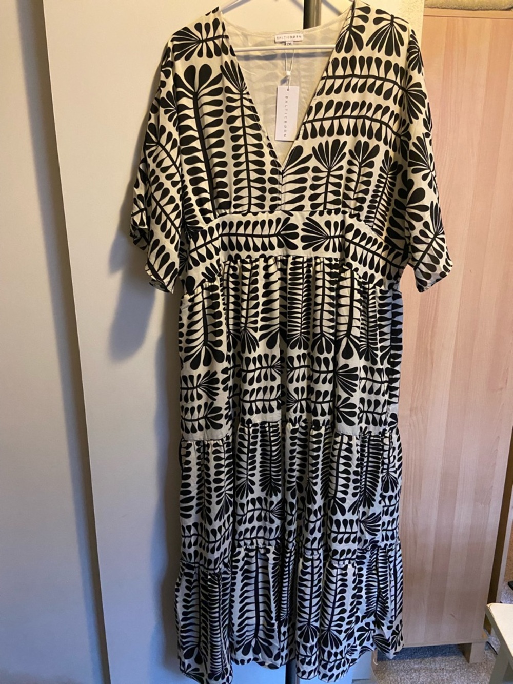 Baltic Born Black & Cream V-Neck Tiered Midi Dress with Botanical Print